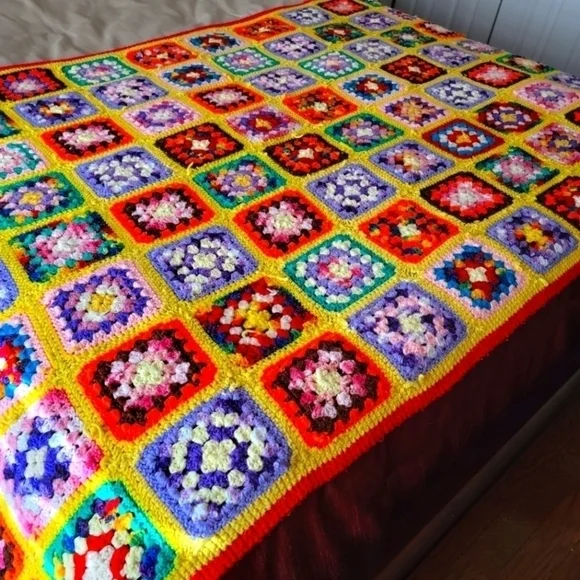 Vintage Granny Square Afghan Throw Blanket Rainbow Multi color Boho Handmade - Picture 4 of 14